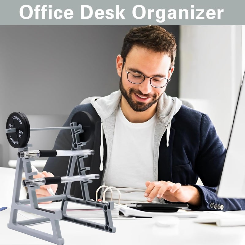 Dexspoeny حامل أقلام على شكل رف سكوات للمكتب، حامل أقلام على شكل باربل، تصميم فريد بموضوع رياضي، منظم مكتبي للقرطاسية، حامل أقلام صغير لمحبي رفع الأثقال - Image 3